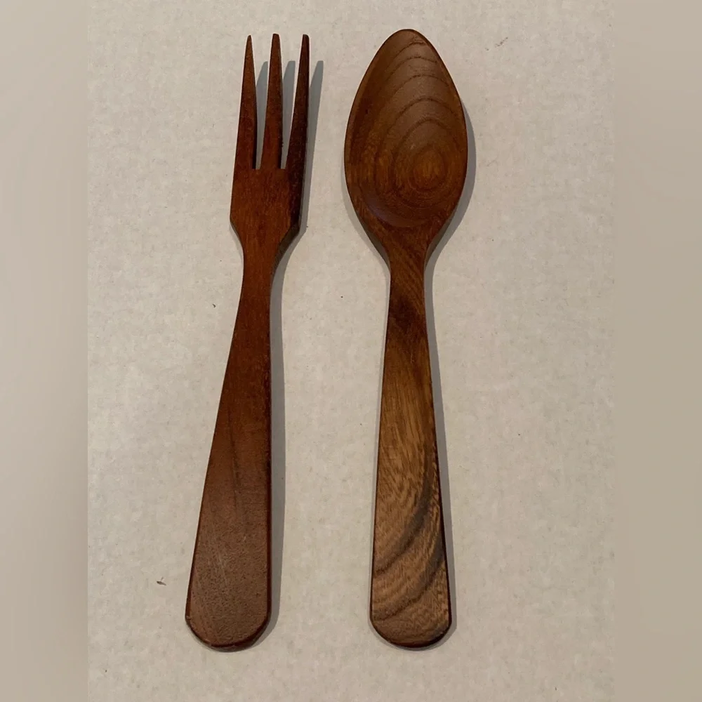 Vintage MCM Large Wooden Spoon and Fork Wall Hanging Tiki Totem Decor Lot of 4